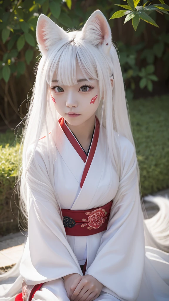 White Demon Fox、Nine-tailed Fox、Japanese women、kimono、Fair skin、Red lines on face、8K、I have long hair