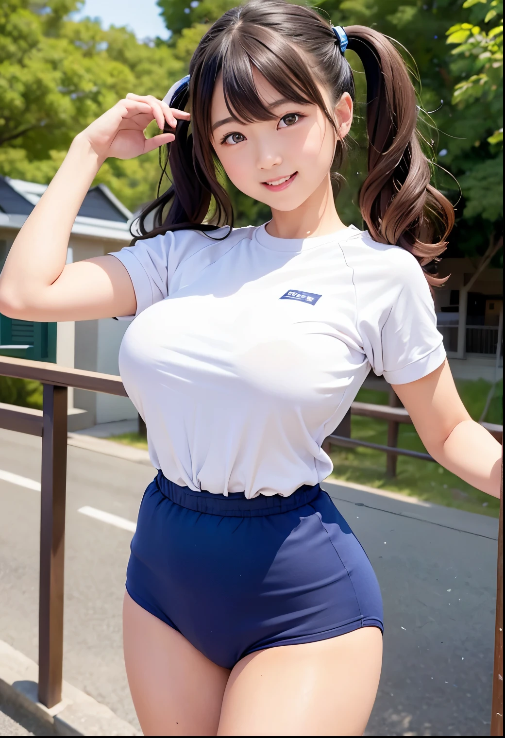 (Highest quality,masterpiece:1.3,Ultra-high resolution),(Very detailed、Caustics) (Realistic:1.4, RAW shooting、)Ultra-Realistic Capture、Very detailed、Natural skin texture、masterpiece、(Bloomers)、(Japanese elementary school students wearing traditional sportswear)、(White tight short sleeve shirt、Dark blue short tight shorts:1.3)、Adorable expression、Expressions of happiness、、height: 140cm、Baby Face、Pure、Amazingly cute、Twin tail hairstyle、Curly Hair、Black Hair、((Large Breasts))、Shining thighs、(Shining ass)、Shooting on the main street of a tourist spot、Summer early morning、Background details、smile、An inviting gaze、(Anatomically correct)、Cowboy Shot、Attention to detail、