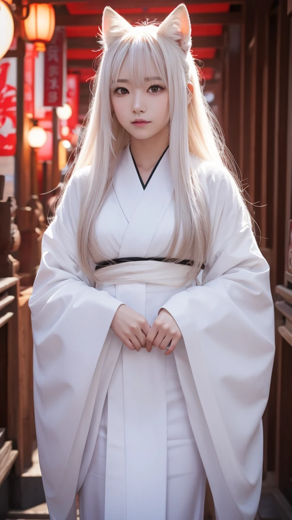 White Demon Fox、Nine-tailed Fox、Japanese women、kimono、Fair skin、Red lines on face、8K、I have long hair