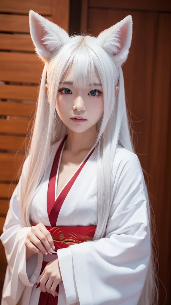 White Demon Fox、Nine-tailed Fox、Japanese women、kimono、Fair skin、Red lines on face、8K、I have long hair