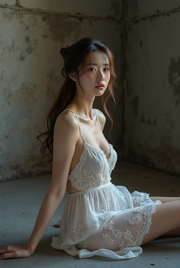 (Highest quality:1.4),(masterpiece:1.4),(Realistic:1.4),(Realistic:1.2),(超High resolution, RAW Photos:1.4),(High resolution, Very detailed:1.2),(8k:1.2),photograph,(Shot from behind:1.3)、Korean women、brown hair photos,One Woman,alone,(In underwear),Very large breasts,((Thigh to head shot:1.3))、(((topless、You can see her large breasts from the side.)))、((Smile))、((Very large breasts:1.4))、Realistic skin textures、Slightly freckled、Slender figure、Realistic skin textures、((background,Concrete wall:1.3)),(topless,The breast is visible from the side:1.6),(Long lace slip,White)、3 woman、The angle at which the nipple is not visible、((Updo long hairstyle))、((White,Long lace slip:1.4))、Correct toes、Detailed facial features、Long slip covers the buttocks and soles of the feet、Long slip covers your butt、