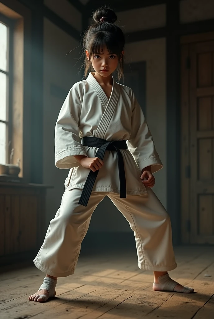 Karate student showing her feet in dirty socks