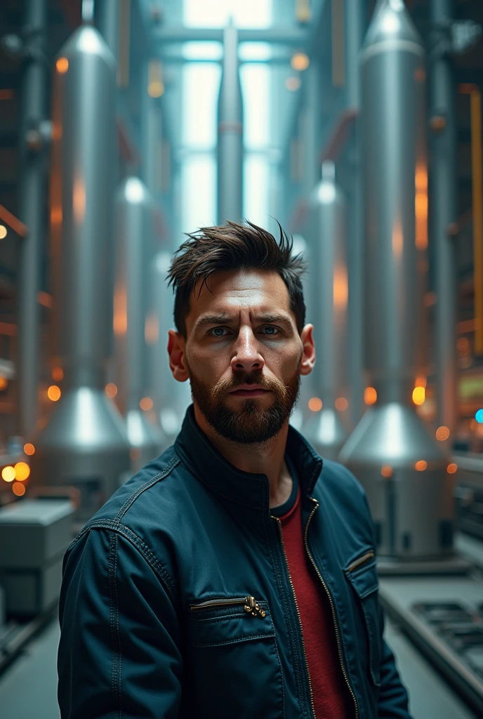 Messi in a rocket factory. Face must be in front of camera