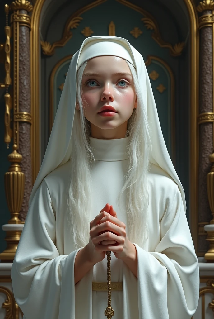 Albino girl with long white hair, from the realistic middle ages, blue eyes white nun clothes holding a rosary, without looking at the camera, in the church church details.