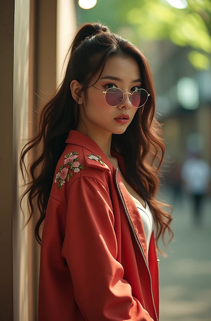 photograph of a woman, long brunette hair in a ponytail, perfect eyes, wearing circle tinted reflective glasses, jacket with flowers embroidered on the shoulder, t-shirt with a plunging neckline, in the city at night, High dynamic range, vivid, rich details, clear shadows and highlights, realistic, intense, enhanced contrast, extremely intricate details