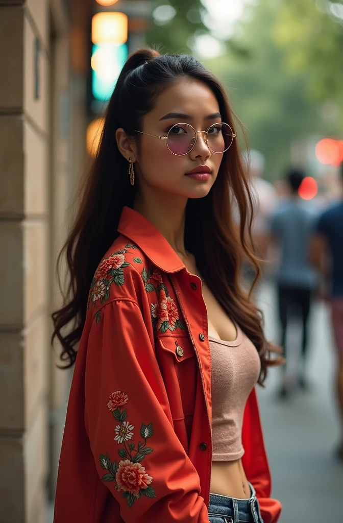 photograph of a woman, long brunette hair in a ponytail, perfect eyes, wearing circle tinted reflective glasses, jacket with flowers embroidered on the shoulder, t-shirt with a plunging neckline, in the city at night, High dynamic range, vivid, rich details, clear shadows and highlights, realistic, intense, enhanced contrast, extremely intricate details