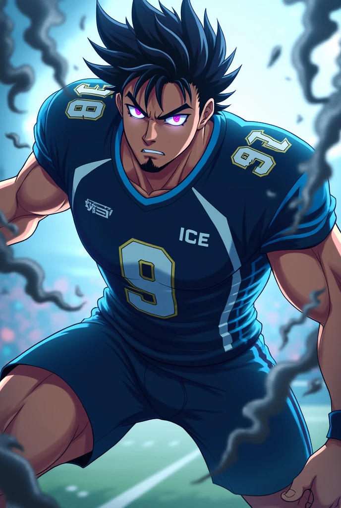 Create a football player with black wavy hair, wears a goatee and has the number 9 on his shirt, on the shirt it says ICE and he has black smoke around his body, he has in an attacking action position, make it in anime format, he is a serious player and he is 2, behind him there is a blurred field, His eyes glow purple and strands of energy come out 