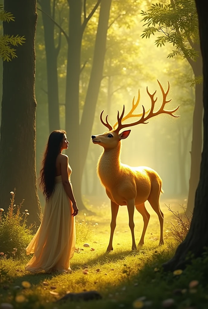 Describe the moment when Sita first spots the mesmerizing golden deer in the forest. How does its beauty captivate her, and what are her thoughts as she requests Rama to capture it?