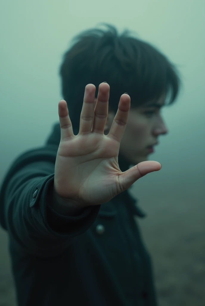 The photo is even more blurry so that you can hardly see his face, that he tries to cover the camera with his hand and his face is barely noticeable., face that is in profile
