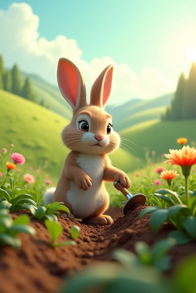 In 3d cinematic interesting cartoon style “ The rabbit diligently watering the plants, digging the soil, and removing weeds. The scene shows the rabbit’s dedication to restoring the field”