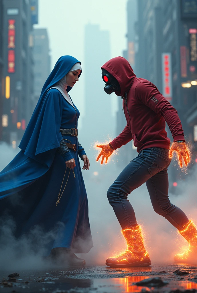 Blue Beautiful Nun, realistic, big breasts, full body & Youg boy with red hoodie, headphones, Star-lord helmet, rocket boots, gas helmet, covered mouth, round red, eyes, front cover, Kid Star-lord with red hoodie, star-lord helmet, gas helmet, covered mouth, round red eyes, Red eyes, magic rings in the hands and rocket boots, Fighting, power, fiction, 2 persons, magic lasso, hight, fall, DJ, view of the city from above, flying in the sky, capa roja, fire under shoes, Space, Smoke, World.