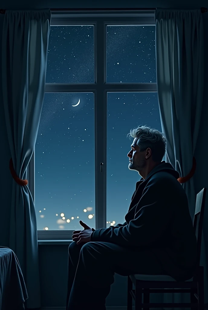 At night, one strong people seating in room see the window outside sky also secretly miss home