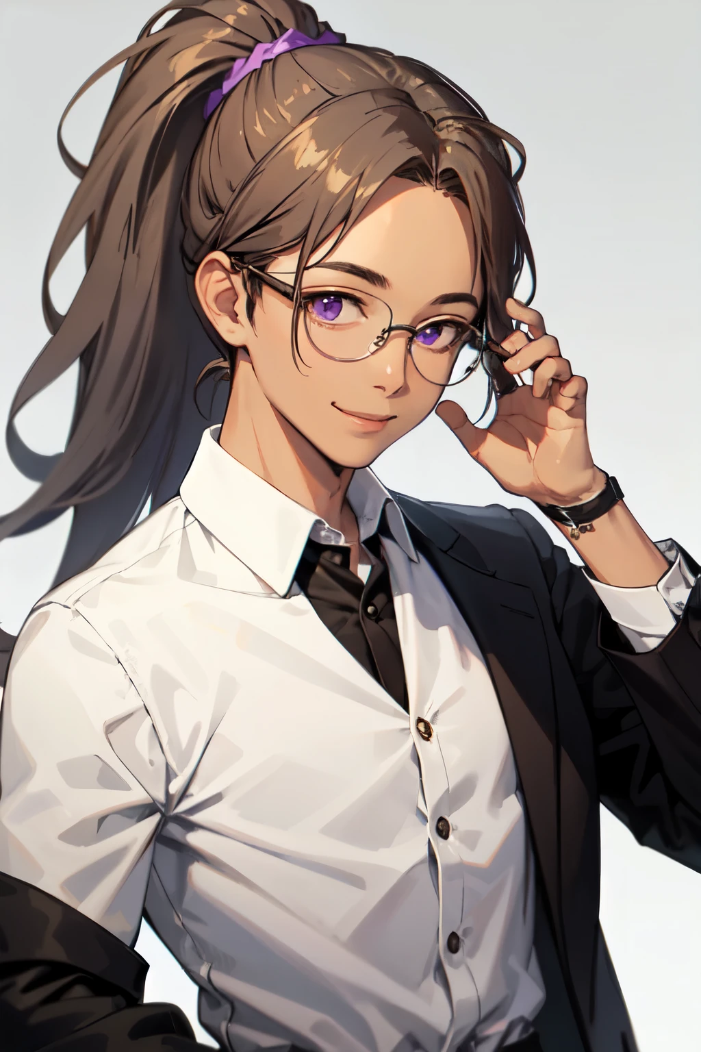 ((Highest quality)), ((masterpiece)), (detailed), ((male)), shirt,((Gray Hair))((,Brown skin)),Glasses,Purple Eyes,Forehead,ponytail,smile