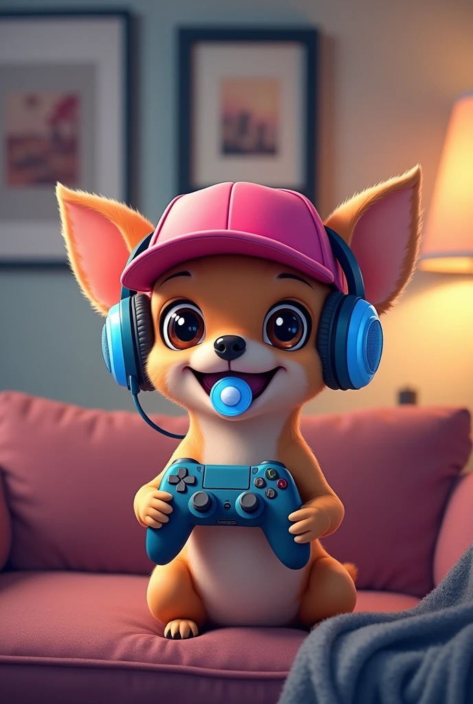 Here's a detailed prompt based on the image you provided:
---
Create a humorous and adorable digital artwork featuring a small, black Chihuahua with large, expressive eyes. The Chihuahua should be sitting on a cozy couch in a modern living room, holding a gaming controller. The dog is wearing a bright pink snapback hat backward and has a pacifier in its mouth. It should also have a blue gaming headset on, with the microphone positioned close to its mouth. The dog's expression should be playful, with a wide grin showing its tiny teeth, conveying a sense of being in control and having fun. The background should include subtle details like framed pictures on the wall, a soft-lit lamp on a side table, and a hint of a blanket or pillow to emphasize the cozy environment. The text above the image should read, "My bedtime is at 8," with the subtext below saying, "Chihuahua Says He’s The Boss 😬 #memes." Ensure the overall vibe is cute, funny, and slightly mischievous.
---
You can use this prompt for creating similar content or describing the image to others.