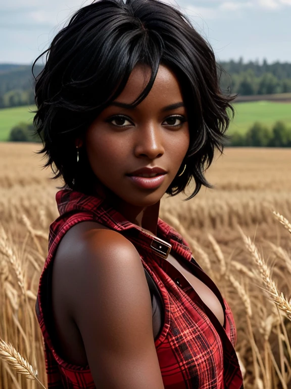 ebony beauty with short straight black hair. Penetrating brown eyes should be the focal point. She is wearing a red flannel shirt and denim jeans, In the background, a wheat field is shown, a heavenly and luxurious place, 8k, perfect photo, dark skin, chocolate skin, beautiful green eyes. impeccable image of high quality and creativity, RAW colors, balanced lights