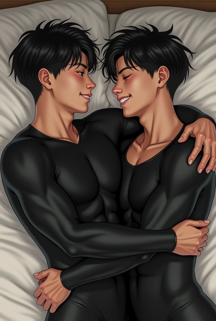 Two young Japanese men,whole body黒のゼンタイ,Sunburn,On the mattress,masterpiece,high quality,Realistic,photograph, 最high quality,Muscular、Super Short Hair,Biceps ,whole body ,Underarm,Shiny,shaving 、athlete,naive,Simple,Black Hand,Rugby Club,Black Neck,Gay,latex,Baby Face,smile,Sex,tongue、return、Hip、Touching his face,