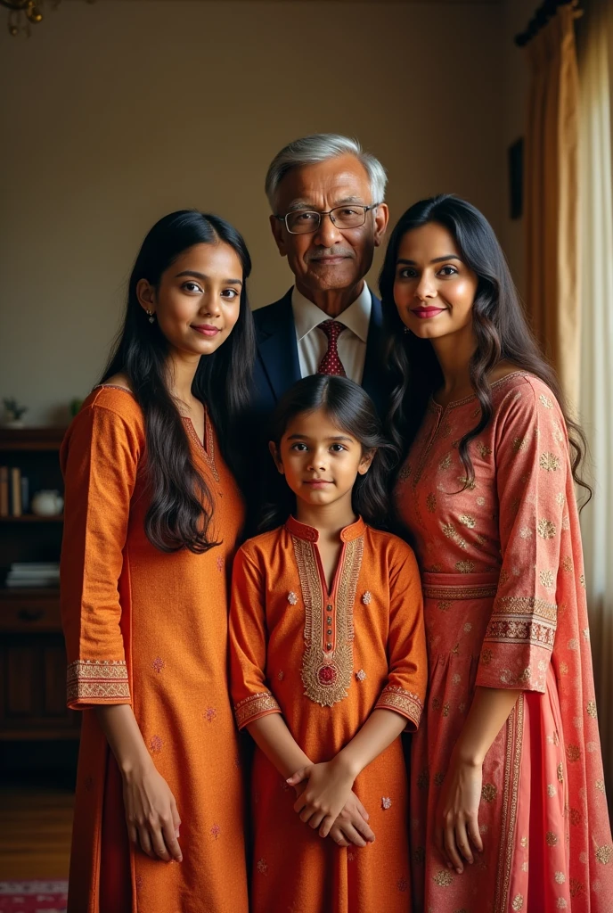 A family Portrait, one father, two sisters, one brother, father and son wearing formals, sisters wearing kurti, one brother
