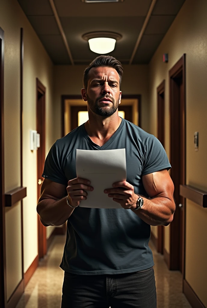 Show a tense scene inside a brightly lit doctor’s office. A muscular wrestler sits on a chair, staring at a medical report in his hands, looking shocked and frustrated. The doctor stands in the background, speaking to him but blurred out to keep the focus on the wrestler. The wrestler’s body language should convey exhaustion and disbelief. Use bright lighting to contrast the heavy emotions, while the rest of the office remains sterile and somewhat cold, with faint medical equipment visible.