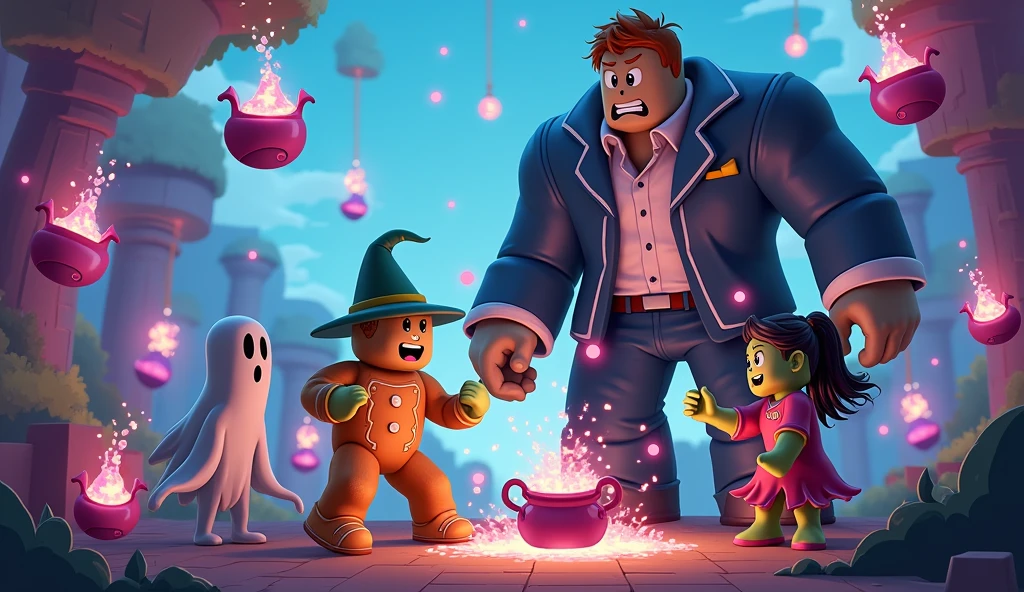 I WANT A ROBLOX GAME WALLPAPER WITH A SCENARIO SET IN THE GAME WHERE THE CHARACTERS HAVE CHARACTERISTICS OF THE GAME'S AVATARS VARYING BETWEEN BOYS AND GIRLS, ONE OF THEM BEING A TALKING GINGERBAKE, a ghost, A ZOMBIE AND A GIANT THEY ARE TOGETHER EXPERIMENTING MAGIC POTIONS