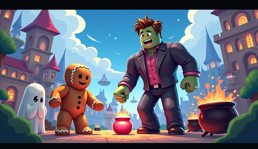 I WANT A ROBLOX GAME WALLPAPER WITH A SCENARIO SET IN THE GAME WHERE THE CHARACTERS HAVE CHARACTERISTICS OF THE GAME'S AVATARS VARYING BETWEEN BOYS AND GIRLS, ONE OF THEM BEING A TALKING GINGERBAKE, a ghost, A ZOMBIE AND A GIANT THEY ARE TOGETHER EXPERIMENTING MAGIC POTIONS