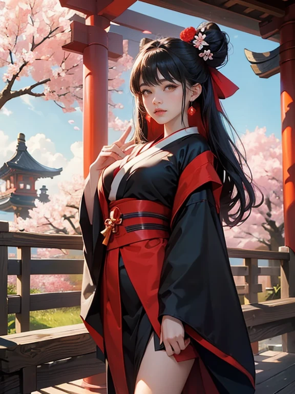 ((masterpiece,Highest quality)),Two Women, Large Breasts,Moist eyes, black kimono, Black legwear, black ribbon, Black Hair, cherry blossoms, Day, flower, Hair Bun, hair ribbon, kimono, kimono, Long Hair, View your viewers, Recall , Multiple Girls, belt, Outdoor, Red eyes, Redhead, ribbon, Sandals, Single Pan, stage, Are standing, picture, torii, wood, white kimono, Yellow Eyes, Large Breasts,Moist eyes, Red eyes,Sexy Body