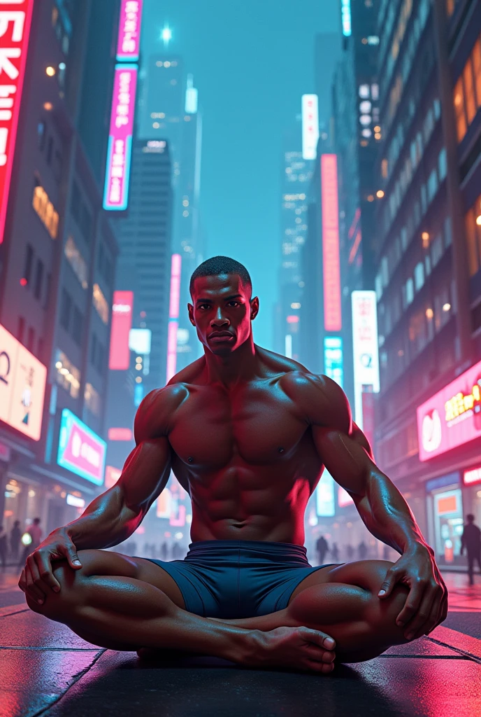A fit man weared a tight boxers and sitting in cyberpunk neon city