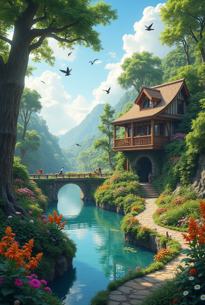 Generate a beautiful and infinity garden, with a plenty of flowers, tree and birds, with a beautiful and clear river. In the middle of this garden, has a library, with a lot of books to read. When we get a book, there is a balcony to sit and read, with a great view for this garden.