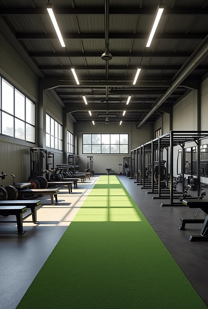We have a warehouse 40 meters long by 10 meters wide.. Where are we going to build a fitness center?, You are going to make a realistic image where you divide the space in half between artificial grass and rubber mats, but from front to back., and open 3 machines a power cage, a multifunctional pulley and adjustable benches, In addition to cones and weight discs , dumbbells, pellets, jump box, trx. Make a realistic image of my fitness center with everything I told you above.