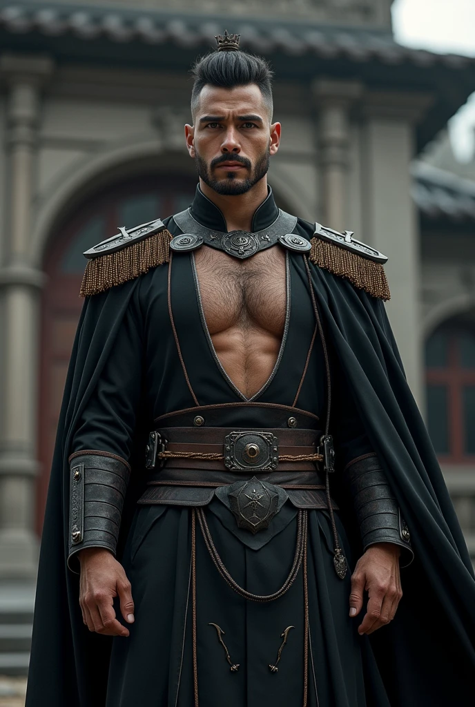 (Best quality at best,Photorealistic) ( Peitoral extremamente generosos)big huge pecs,(dark,feels) hot Wizard Young person, One guy,detailed black eyes, French-German man in uniform standing in front of building, in full military garb, in a soldier uniform, Inspired by Zhang Sengyao, in a soldier uniform, Court Costume Akira, in a soldier uniform, Imperial team, in a soldier uniform Black cloak , crown in your Head Wearing imperial equipment,chineses kimono , Italian man wearing old samurai uniform，，。dark skin., （（Very relaxed and lazy look！））, （（Unintentionally exposing chest muscles））Handsome male, Handsome chad chin, Handsome and attractive, Handsome and elegant, Handsome man, Sexy masculine, masculine and Handsome, , Handsome, Attractive posing, attractive male, Attractive man,40-year-old man！Lift your little head，Kominan wearing an army coat（closeup portrait！)）showing off his hairy pecs。（Show hairy chest muscles），），(Use a short beard collar），Wear a military uniform and wear one without buttons！Show hairy chest muscles），)，(Use a short beard collar，）headspace！Charming and serious look，（Handsome man，sitting down，poorly dressed，Perfect body anatomy，Beautiful man face detail，perfect foot，perfect hand！Ultra-low angle shooting！！
