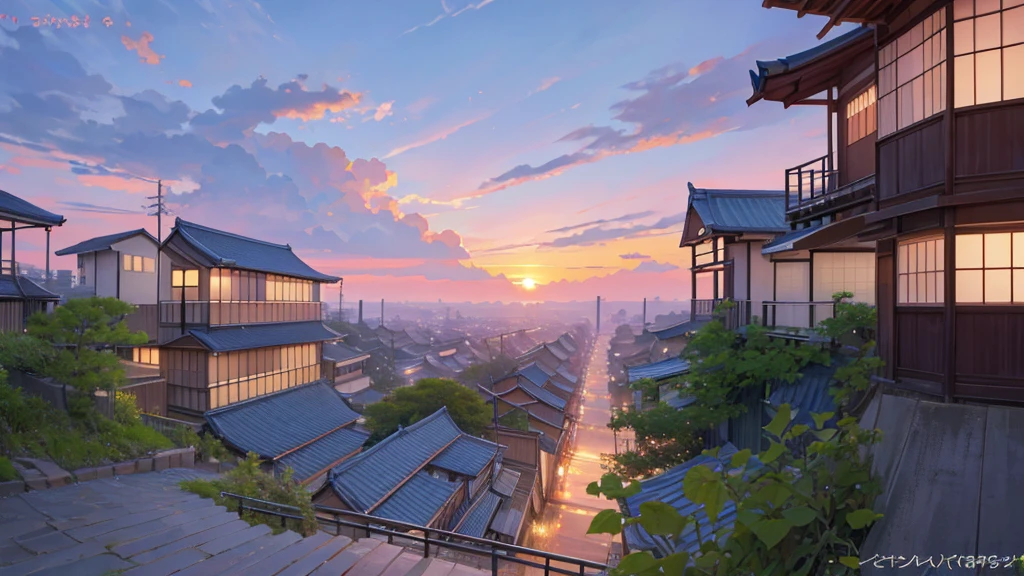 view of a Japanese city from below stairs, vegetation, clouds, Sunset, pastel colors, detailed