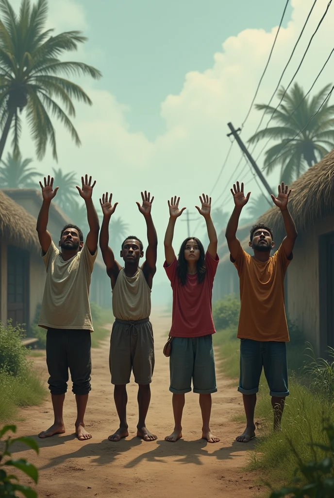 A village where four people standing straight and scared with their hands up in the air 