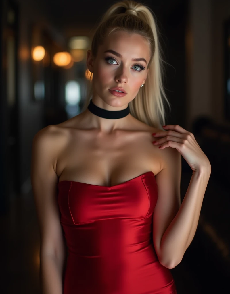 (Sci-fi fantasy), (masterpiece), (1 beautiful alice),Resident Evil universe, (highest quality), (8K resolution), (1 beautiful girl),Slender figure,Small breasts,(Deep Shadow), (an ominous), Award-winning photo, highest quality, masterpiece, Upper Body, woman, Windblown blonde hair, pale blue eyes, ((Wine Red)), ((Strapless Dress)), Antonio J.. Manzanedo, By Lee Jeffries Nikon d850 film stock photos 4 Kodak portra 400 camera f1.6, One lens、Rich colors、Ultra-realistic and realistic texture、Dramatic lighting