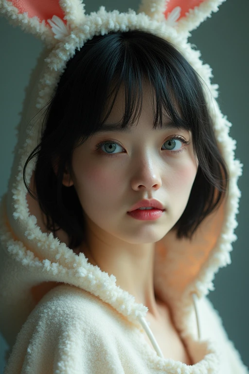 a beautiful young woman with short black hair and blue eyes, wearing a rabbit costume, detailed facial features, extremely detailed, 1girl, fantasy, whimsical, adorable, cinematic lighting, vibrant colors, soft focus, highly detailed, photorealistic, 8k, masterpiece