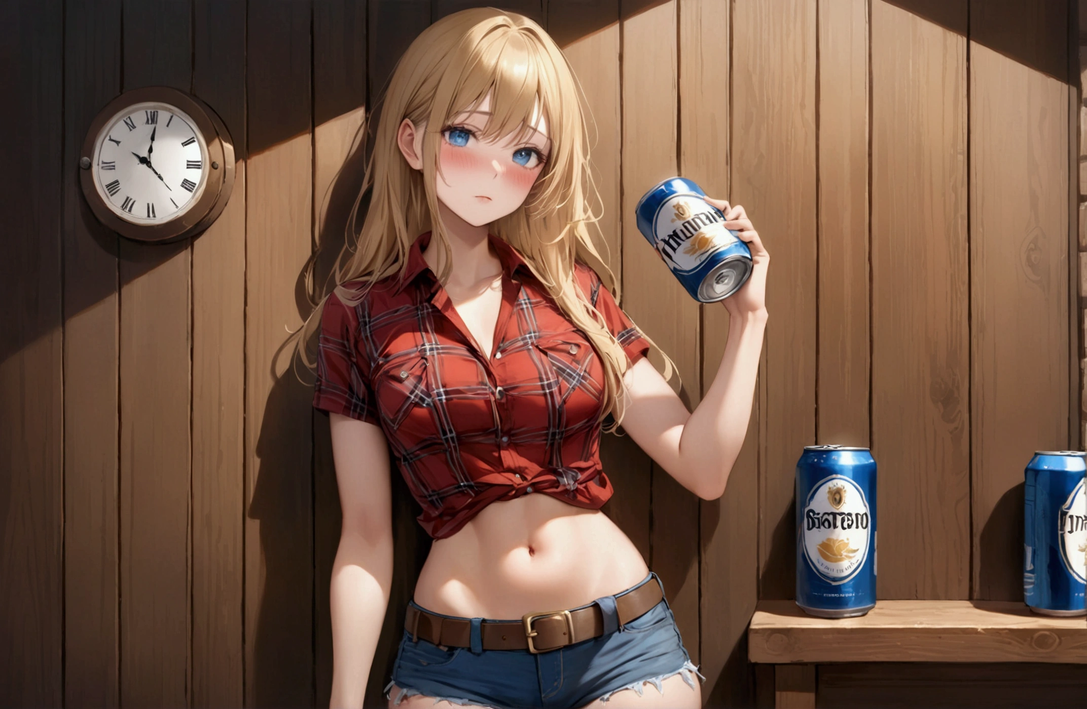 Woman with long blonde hair, blue eyes, Athletic build, Red plaid tight short sleeve collared cowgirl shirt, clock, Navel exposed, Denim hot pants, Brown belt with oval buckle,Blushed face, Strong drunk,Embarrassing,In front of a wooden wall,can of beer,Front view,Cowboy Shot,16K, Highest quality, masterpiece, Realistic, detailed