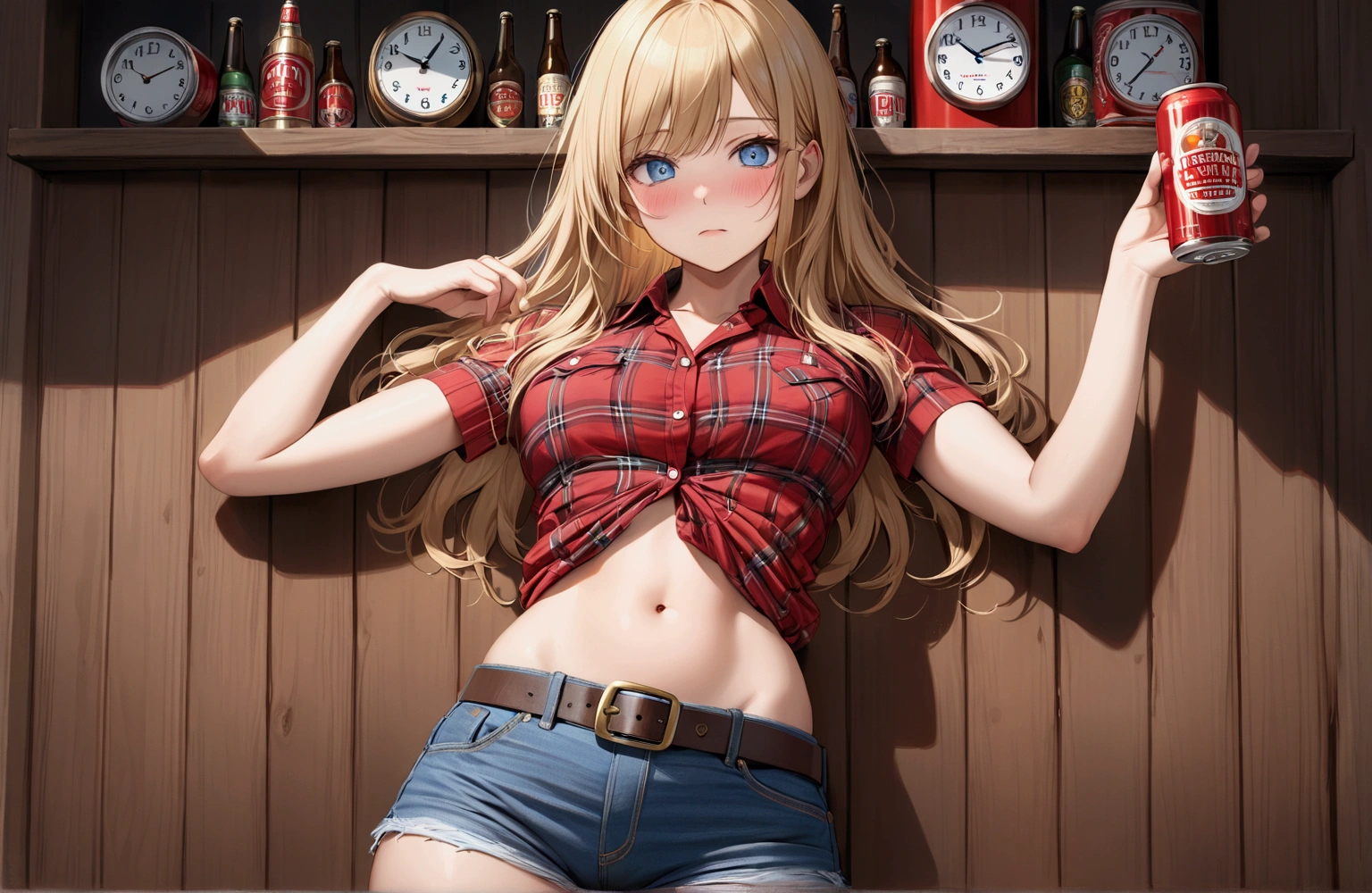 Woman with long blonde hair, blue eyes, Athletic build, Red plaid tight short sleeve collared cowgirl shirt, clock, Navel exposed, Denim hot pants, Brown belt with oval buckle,Blushed face, Strong drunk,Embarrassing,In front of a wooden wall,can of beer,Front view,Cowboy Shot,16K, Highest quality, masterpiece, Realistic, detailed