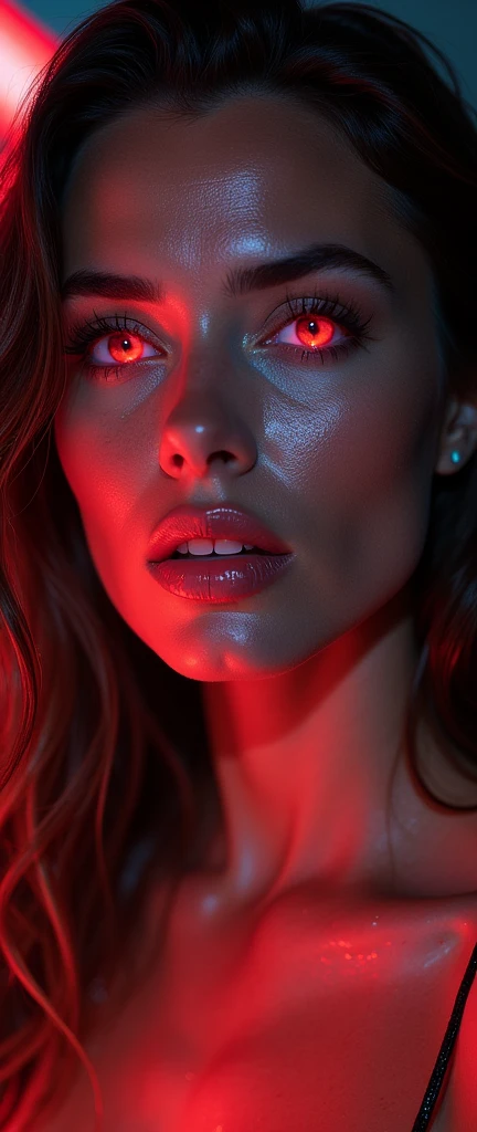a ultra hot gorgeous European woman. Age 23. in a black dress with red light on her face, glowing red, red and cinematic lighting, red glowing skin, red glow, cinematic red lighting, darkness aura red light, 3 d neon art of a womens body, red neon, with red glowing eyes, red on black, detailed red lighting, with glowing red eyes, red lighting, dark glowing red aura