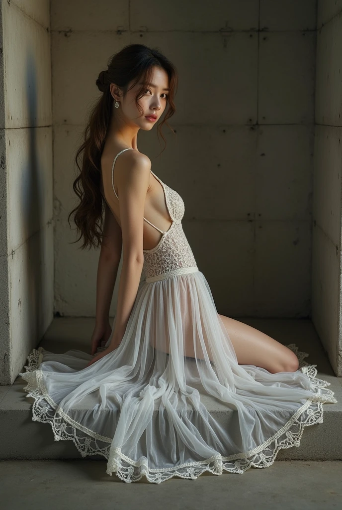 (Highest quality:1.4),(masterpiece:1.4),(Realistic:1.4),(Realistic:1.2),(超High resolution, RAW Photos:1.4),(High resolution, Very detailed:1.2),(8k:1.2),photograph,(Shot from behind:1.3)、Korean women、brown hair photos,One Woman,alone,(In underwear),Very large breasts,((Thigh to head shot:1.3))、(((topless、You can see her large breasts from the side.)))、((Smile))、((Very large breasts:1.4))、Realistic skin textures、Slightly freckled、Slender figure、Realistic skin textures、((background,Concrete wall:1.3)),(topless,The breast is visible from the side:1.6),(Long lace slip,White)、3 woman、The angle at which the nipple is not visible、((Updo long hairstyle))、((White,Long lace slip:1.4))、Correct toes、Detailed facial features、Long slip covers the buttocks and soles of the feet、Long slip covers your butt、