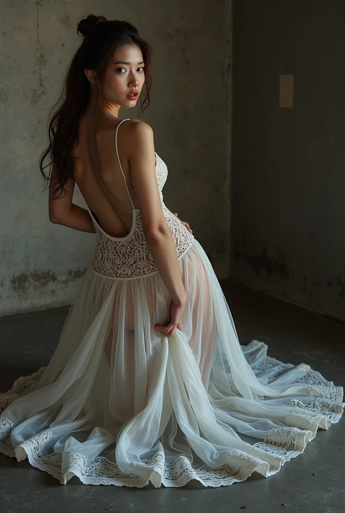 (Highest quality:1.4),(masterpiece:1.4),(Realistic:1.4),(Realistic:1.2),(超High resolution, RAW Photos:1.4),(High resolution, Very detailed:1.2),(8k:1.2),photograph,(Shot from behind:1.3)、Korean women、brown hair photos,One Woman,alone,(In underwear),Very large breasts,((Thigh to head shot:1.3))、(((topless、You can see her large breasts from the side.)))、((Smile))、((Very large breasts:1.4))、Realistic skin textures、Slightly freckled、Slender figure、Realistic skin textures、((background,Concrete wall:1.3)),(topless,The breast is visible from the side:1.6),(Long lace slip,White)、3 woman、The angle at which the nipple is not visible、((Updo long hairstyle))、((White,Long lace slip:1.4))、Correct toes、Detailed facial features、Long slip covers the buttocks and soles of the feet、Long slip covers your butt、
