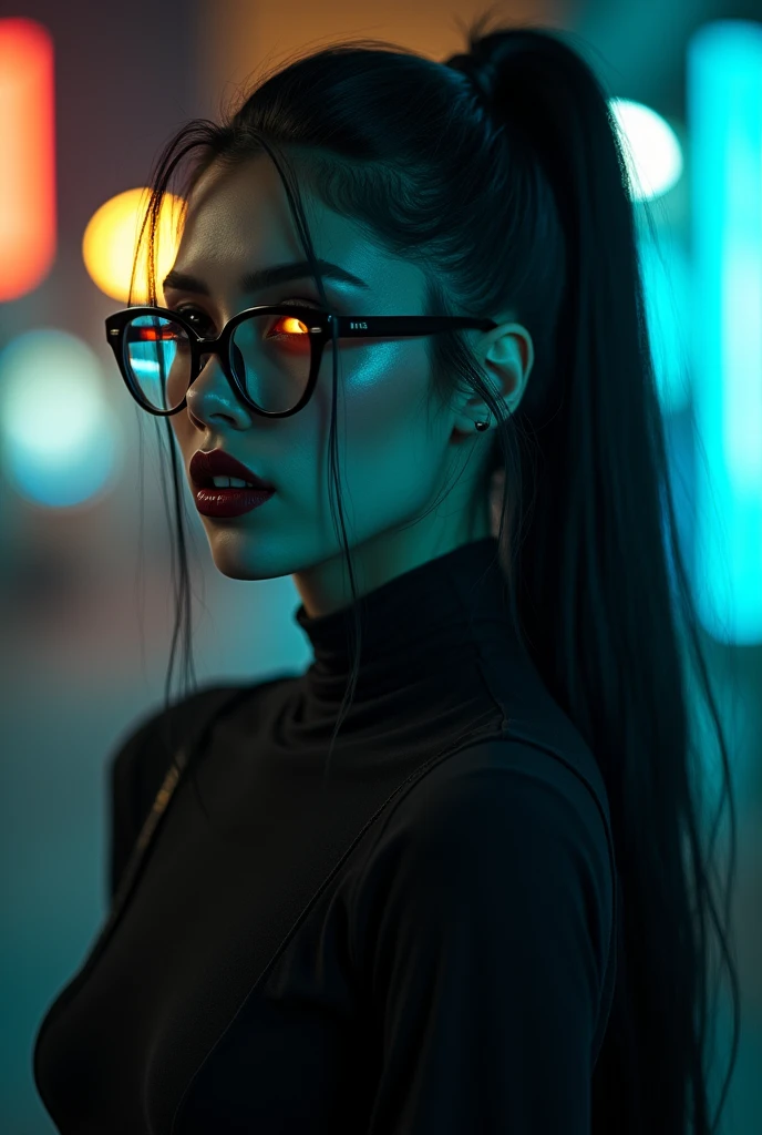 full body photo of Jo_in woman, vampires, with very long canine teeth, sample tusks. Close-up photo of a dangerous and mysterious killer, serious expression, long black ponytail, thick black frame glasses, tight bodysuit, night time Raby, (luminous golden eyes:1.2), ((best qualityer)), details Intricate, bright rear lighting, cyan and yellow neon lights in the background, cinematic, cinematographic, medium shot, 4K, Frontlight, cinematic lighting(night time:1.1), (Raby:1.2), highly detailed skin, blood splatters, blood drops washing away in the Raby, cicatriz
