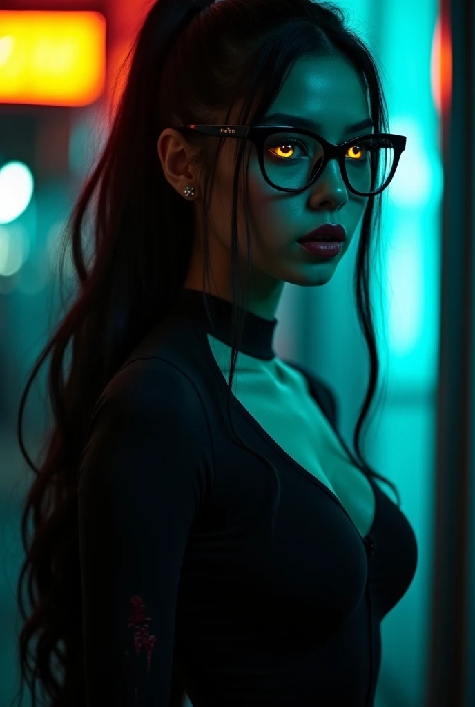 full body photo of Jo_in woman, vampires, with very long canine teeth, sample tusks. Close-up photo of a dangerous and mysterious er, serious expression, long black ponytail, thick black frame glasses, tight bodysuit, night time Raby, (luminous golden eyes:1.2), ((best qualityer)), details Intricate, bright rear lighting, cyan and yellow neon lights in the background, cinematic, cinematographic, medium shot, 4K, Frontlight, cinematic lighting(night time:1.1), (Raby:1.2), highly detailed skin, blooatters, blood droshing away in the Raby, cicatriz