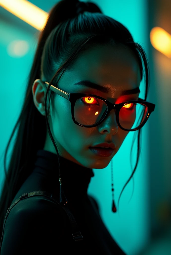 full body photo of Jo_in woman, vampires, with very long canine teeth, sample tusks. Close-up photo of a dangerous and mysterious killer, serious expression, long black ponytail, thick black frame glasses, tight bodysuit, night time Raby, (luminous golden eyes:1.2), ((best qualityer)), details Intricate, bright rear lighting, cyan and yellow neon lights in the background, cinematic, cinematographic, medium shot, 4K, Frontlight, cinematic lighting(night time:1.1), (Raby:1.2), highly detailed skin, blood splatters, blood drops washing away in the Raby, cicatriz