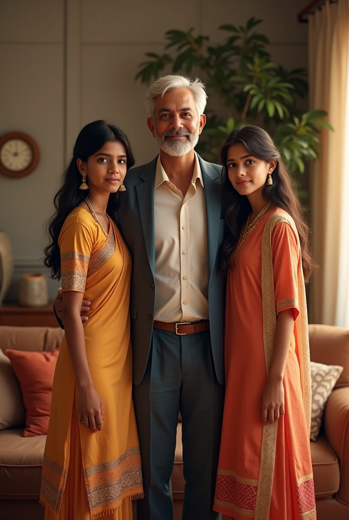A family Portrait, one father, two sisters, one brother, father and son wearing formals, sisters wearing kurti, one elder brother, he wearing formal