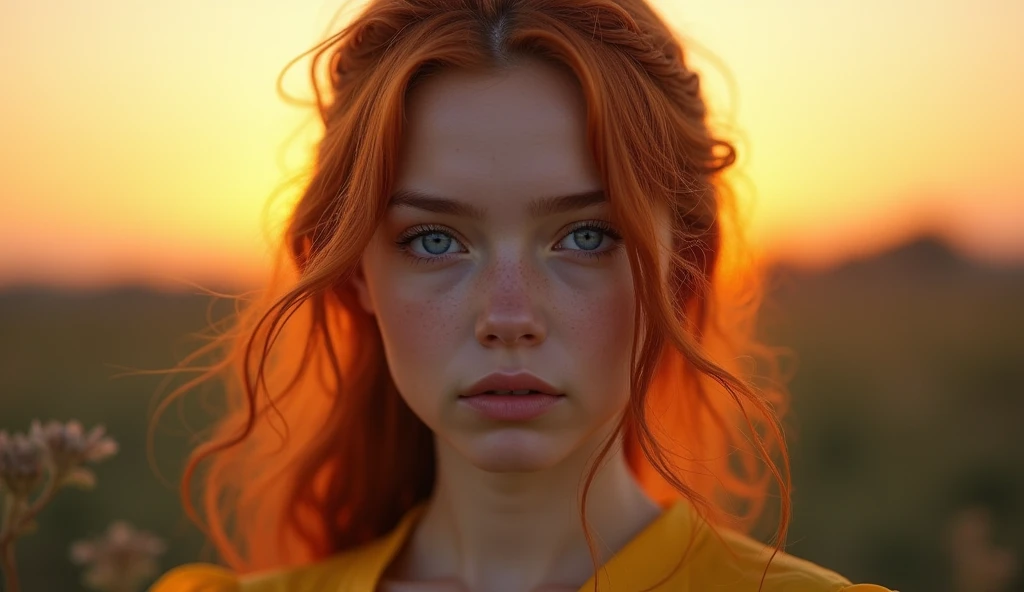 raw photo in UHD RAW format, A 20 year old girl, in a beautiful sunset, natural red hair and blue eyes, [ hyper-realistic texture ], [ hyper-realistic skin texture ], low lighting. fine-details, olhos e rosto extremamente symmetrical, extremely detailed, symmetrical, sharp piercing eyes. yellow dress
