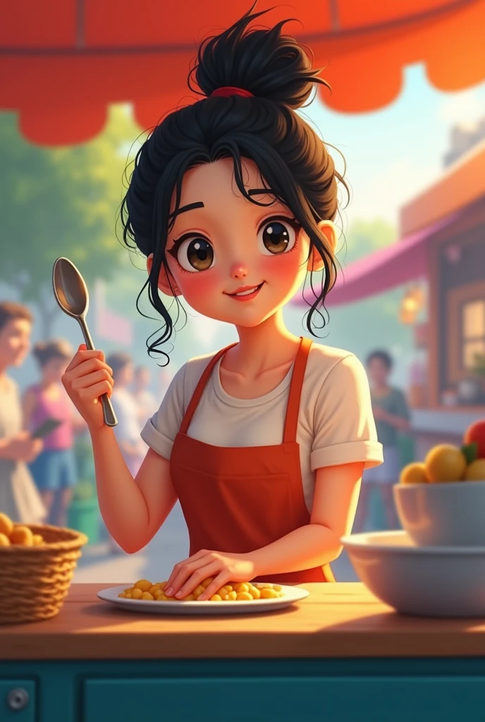 A woman holding a spoon circle face,cute face and black messy bun hair in the food truck