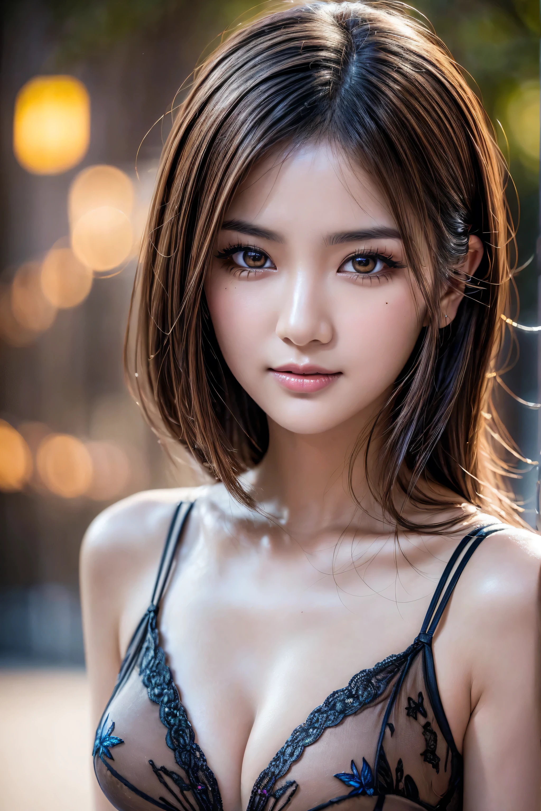 Sexy Bikini、Colossal tits、(8K, Raw photo, Photorealistic:1.25) ,( Lip gloss,Glossy finish, Glossy skin, Best Quality, 超A high resolution, chromatic abberation, Caustics, Wide light, Natural Shadow) look with serenity and goddess-like bliss to the spectators,(depth of fields:1.6), (colorful unfocused lights on background:1.2) ,very natural make-up,Shot on a cloudy day . Slender eyes.Downcast eyes. The distant look in her eyes、(Stylish as a professional model)、Radio City