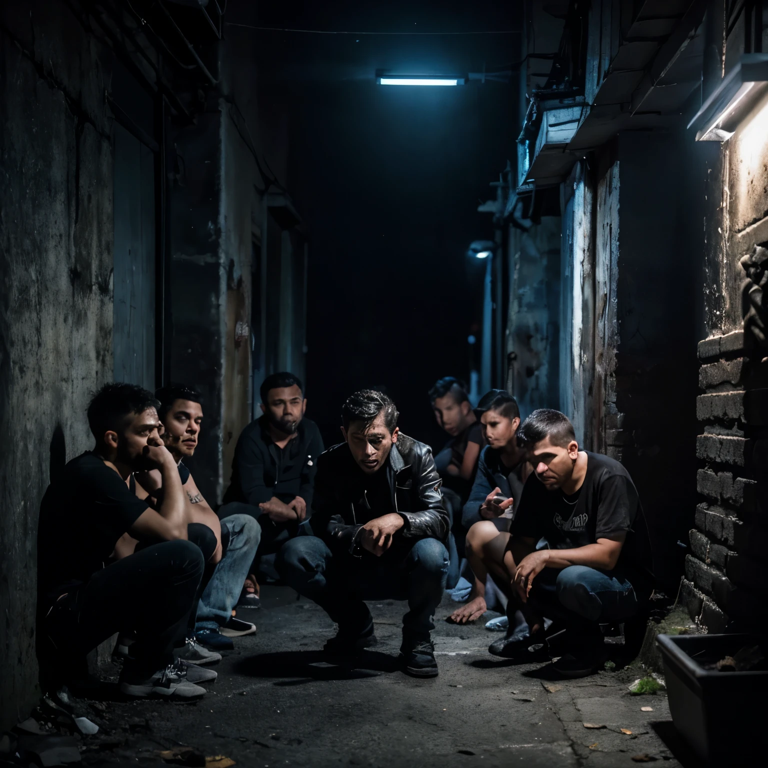 a group of people in a dark alley, a man smoking a cigarette, a group of drunk persons sitting on the ground, children walking past and making disgusted expressions, 1 girl, 1 boy, extremely detailed, cinematic lighting, dramatic atmosphere, muted color palette, (best quality,4k,8k,highres,masterpiece:1.2),ultra-detailed,(realistic,photorealistic,photo-realistic:1.37),dramatic lighting,moody,dark,gritty,social commentary,powerful emotion