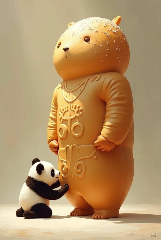 Panda kneeling worshipping, honoring, praising a salt bread standing salt bread called Pandesal