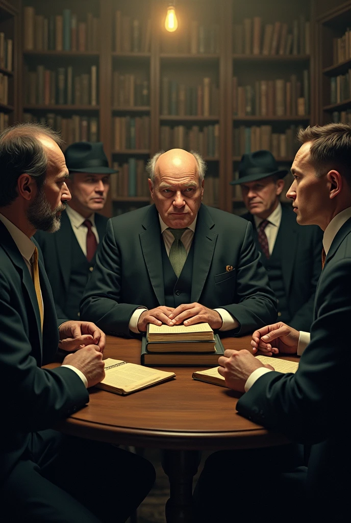 six men sit at a table with a pile of books on it, one of them looks like he's 60 and he is bald , they are dressed in peaky blinders style,there is another youngest 20 years old