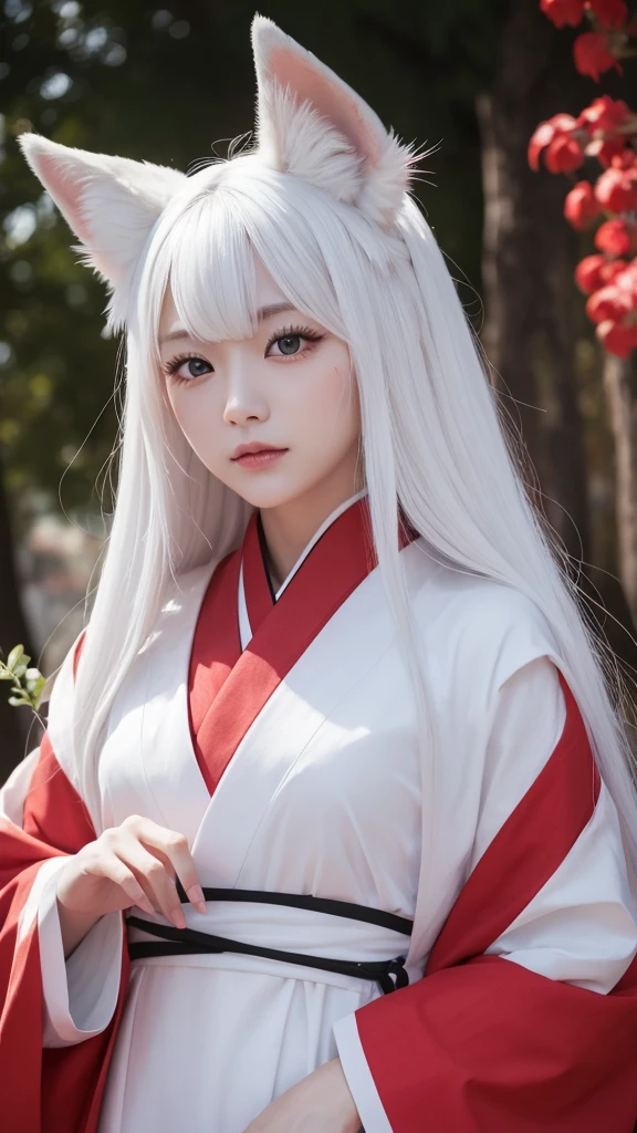 White Demon Fox、Nine-tailed Fox、Japanese women、kimono、Fair skin、Red lines on face、8K、I have long hair