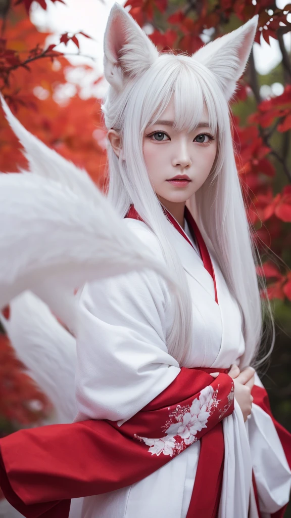 White Demon Fox、Nine-tailed Fox、Japanese women、kimono、Fair skin、Red lines on face、8K、I have long hair